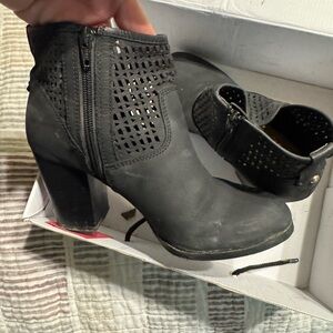 Aldo Black Laser-Cut Ankle Heeled Booties